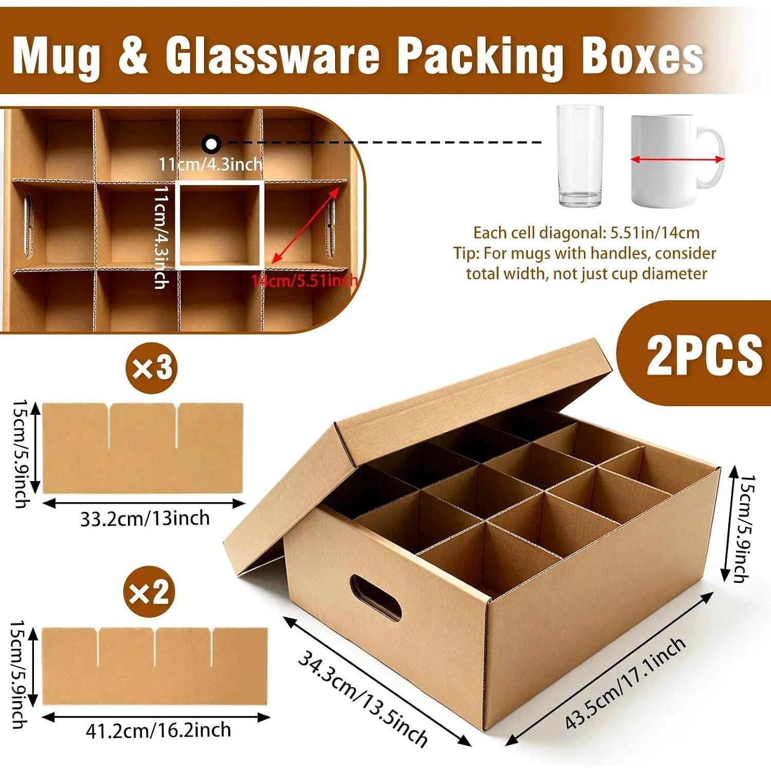 Cup & Mug Moving Boxes for Short Coffee Mugs,  Cups & Glassware Storage | Thick Corrugated Cardboard, with Dividers &  , Mugs Packing Boxes, 17.1 x 13.5 x 5.9 inch, 2 Pack,