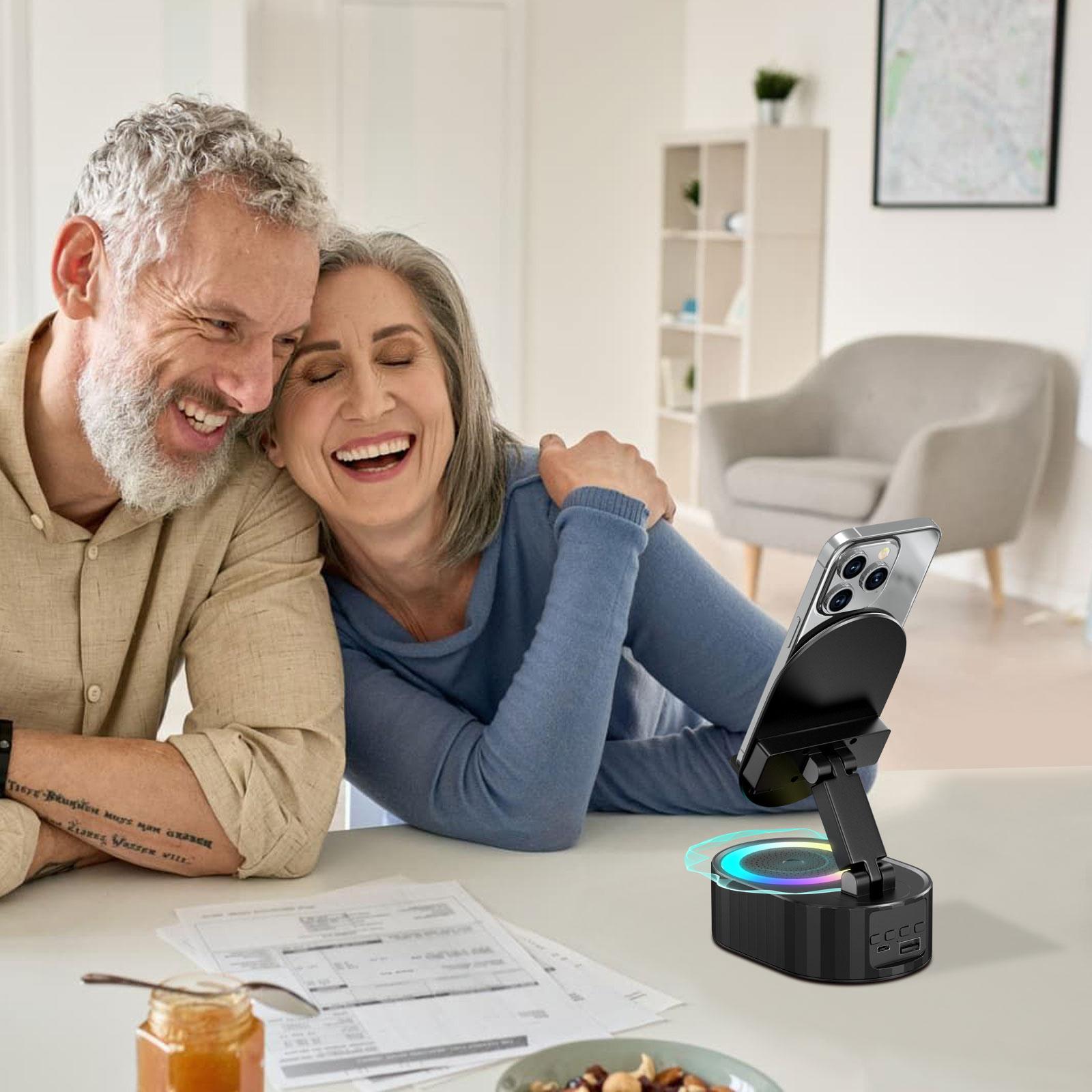 AKLLCCR Cell Phone Stand with Induction/Bluetooth Speaker and Colorful Ambient Light/Power Bank 5-in-1, 5.3 HD Surround Subwoofer Sound,300° Rotable Foldable Lift-Non-Slip Base, Fits Smart Phones