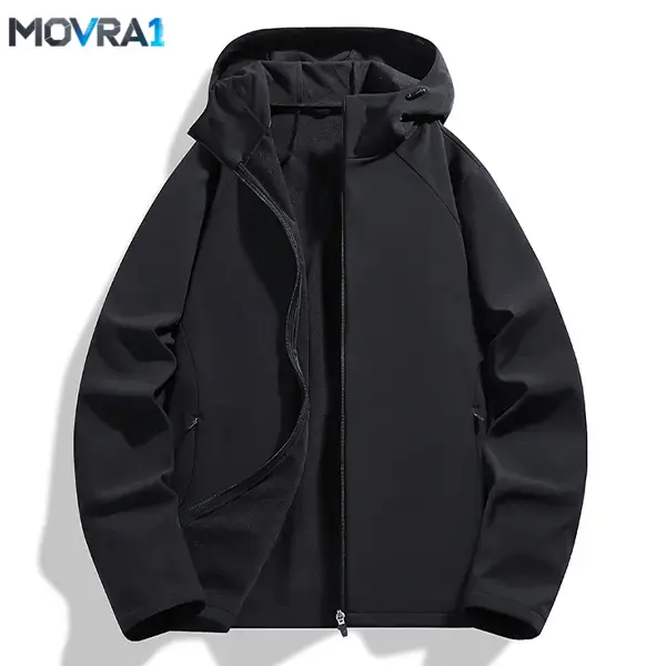 MOVRA1 Men's Fitted Plain Woven Softshell Jacket - Hooded, Fleece-Lined, Long-Sleeve Tops, Minimalist, Foldable, Athletic, Cap-Designed, Classic, Hangable - Ideal Outdoor & Casual Wear, Black Coat