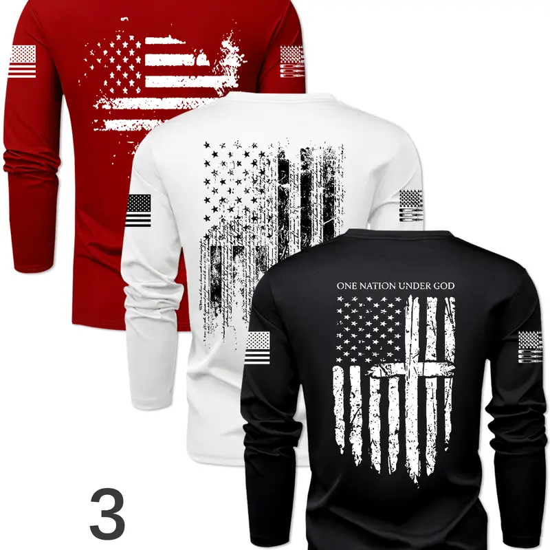 Men's Long Sleeve Round Neck T-Shirts, Casual Knitwear Polyester Knit Tops with Flag Graphic Print, Fitted Style Stretchy for Outdoor Leisure Daily Wear