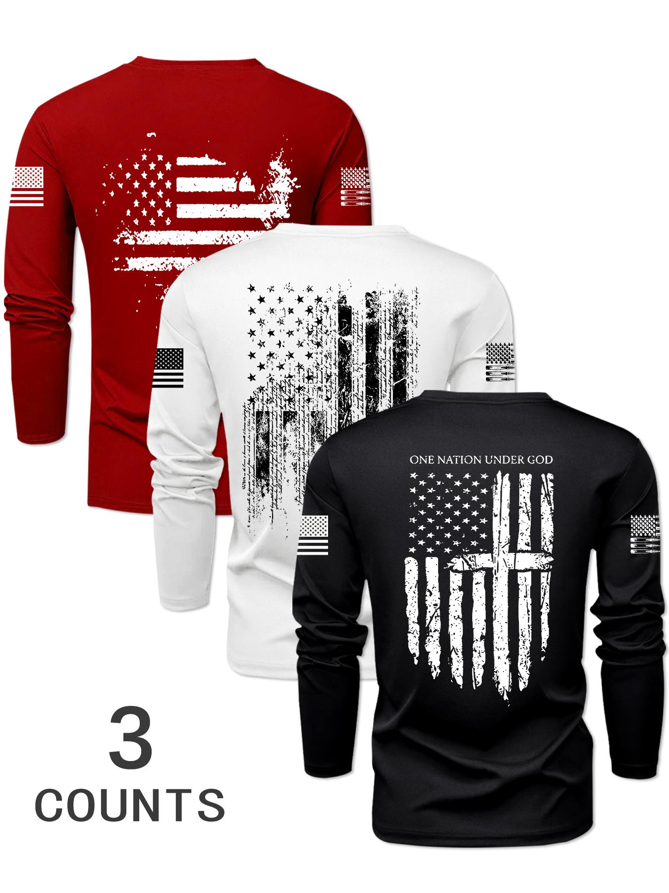 Men's Long Sleeve Round Neck T-Shirts, Casual Polyester Knit Tops with Flag Print, Fitted Style for Outdoor Leisure Daily Wear
