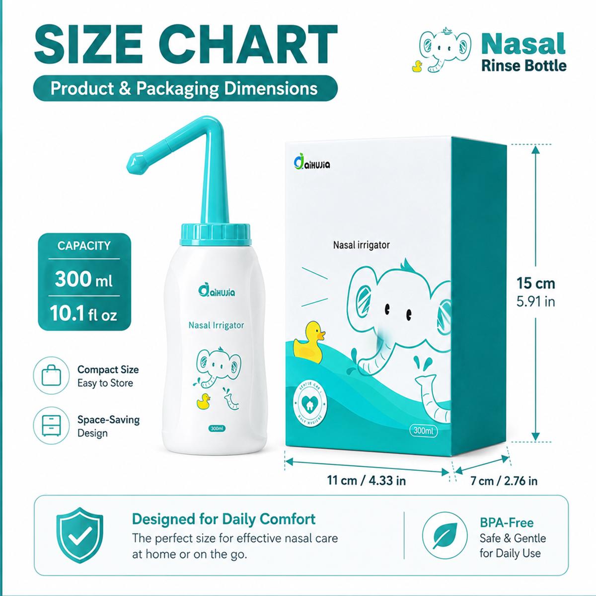 300ml Neti Pot Sinus Rinse Bottle, Pressure Nasal Irrigation Wash Sinus Rinsing Bottle,Cartoon elephant pattern, Single hole and 3-hole nasal irrigation device, Nose Cleaner, Manual Nasal Washer,for Daily Nasal Hygiene, Allergy,Sinus Congestion