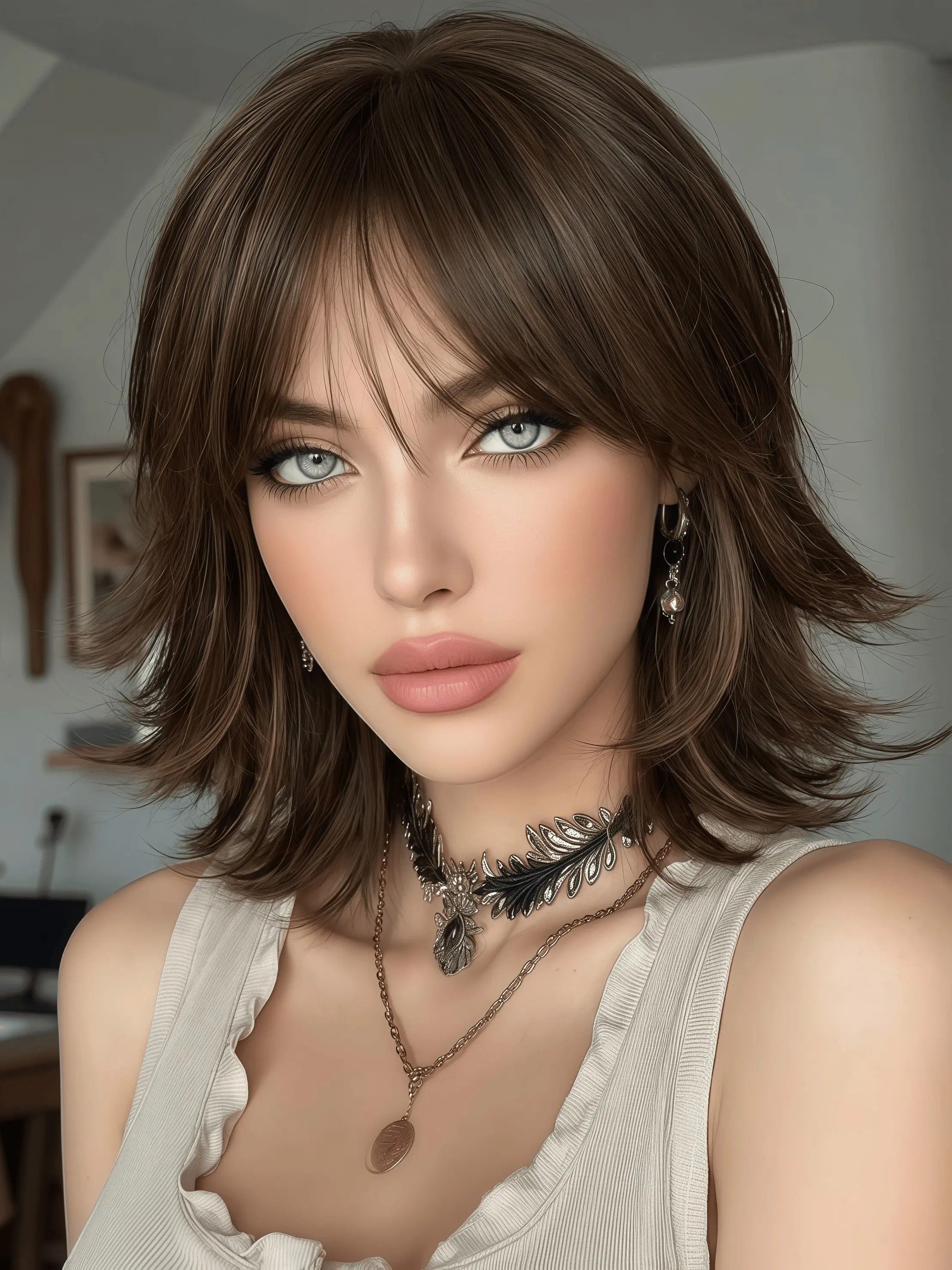14" Short Wolf Cut Wig with Fringe Bangs - Glueless Layered Straight Synthetic Wigs - Heat Friendly Synthetic Brown Highlighted Fluffy Hair Wig for Women Girls, Breathable Rose Net Cap, Suitable for Daily Use and Parties
