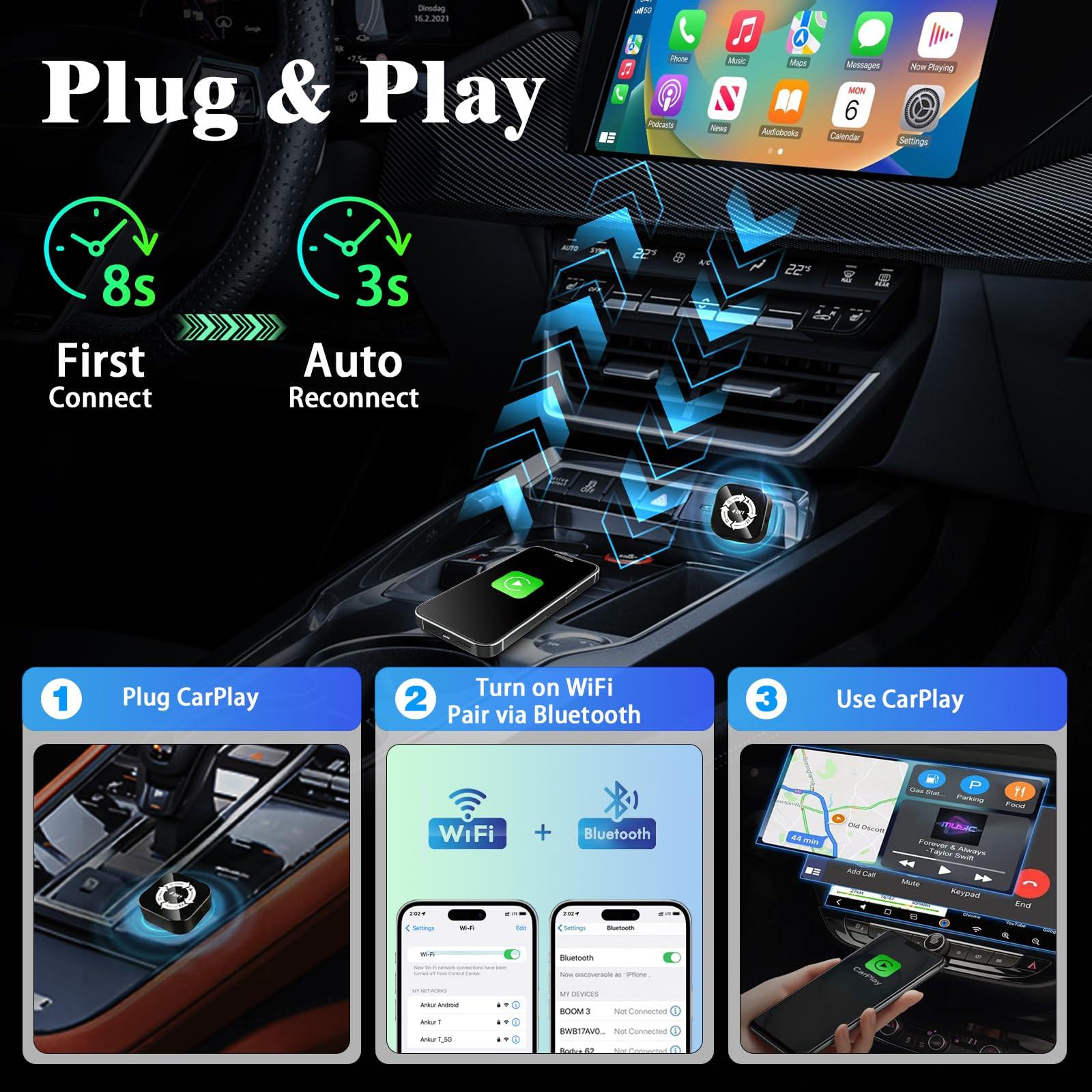 2026 New 4-in-1 CarPlay Wireless Adapter - iPhone/Android Compatible | Fast Connection, Hands-Free Calling, AirPlay, Mirror Link, Netflix, Youtube type-c adapter Bluetooth 5.0 fast transmission, ultra-HD stereo sound