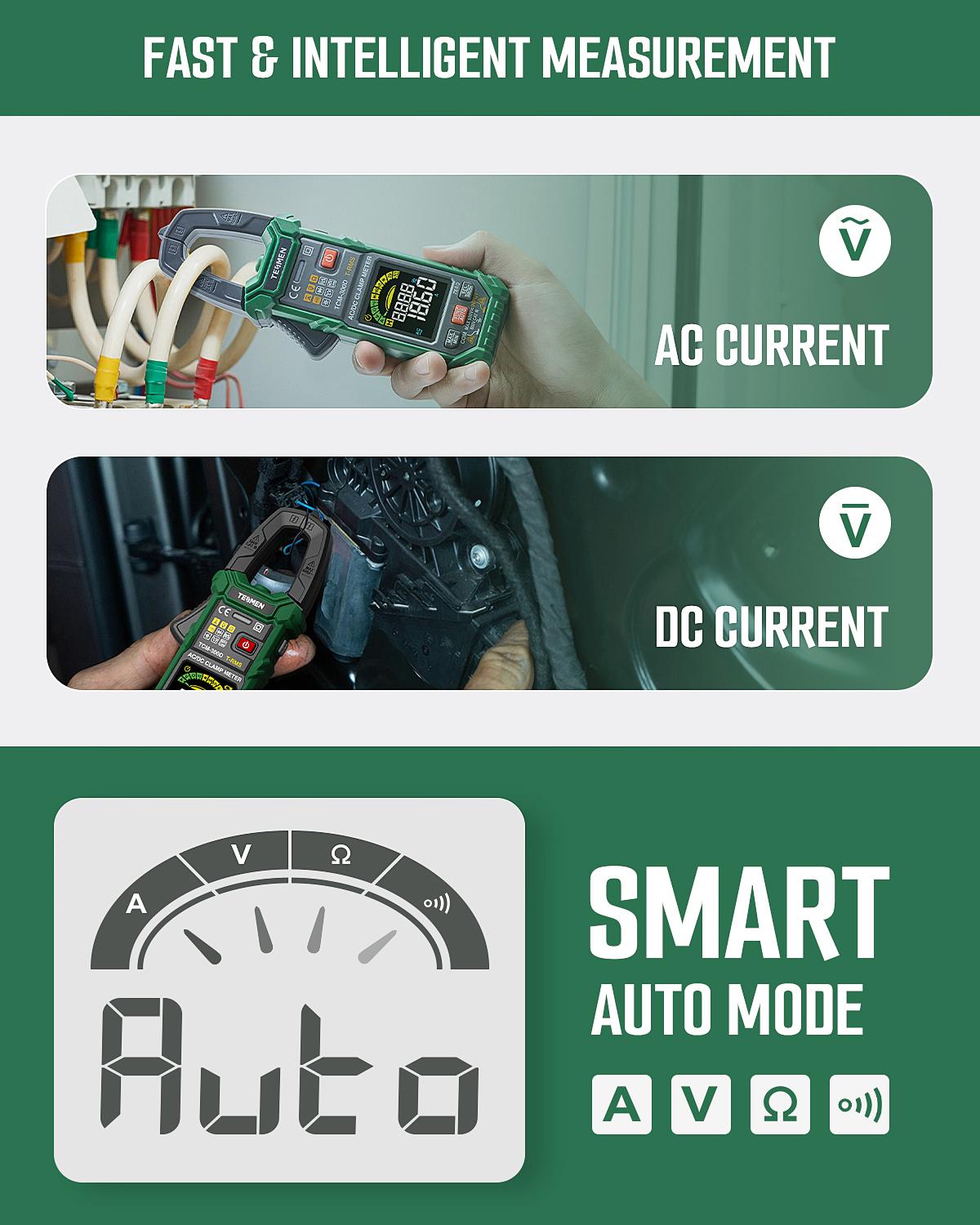 TESMEN TCM-300D Smart Clamp Meter, 6000 Counts, Smart Measurement, Auto-Ranging with AC/DC Voltmeter, Non-Contact Voltage Detection, Measures AC/DC Volatge, AC/DC Current, Resistance, Capacitance, Diode, Temperature, Continuity, Hz% Digital Multimeter