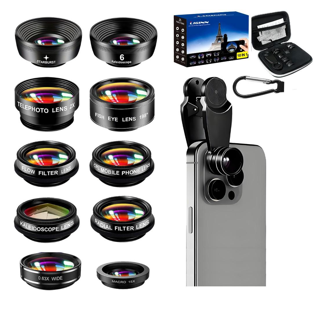 Phone Camera Lens-Macro Lens+Wide Lens+Fisheye Lens+Telephoto Lens+CPL/Flow/Radial/Star Filter+Kaleidoscope 3/6 Lens 10 in 1 Lens Kit, Lens Attachments, Smartphone Camera Accessories, compatible with iPhone, Samsung and most smartphones.