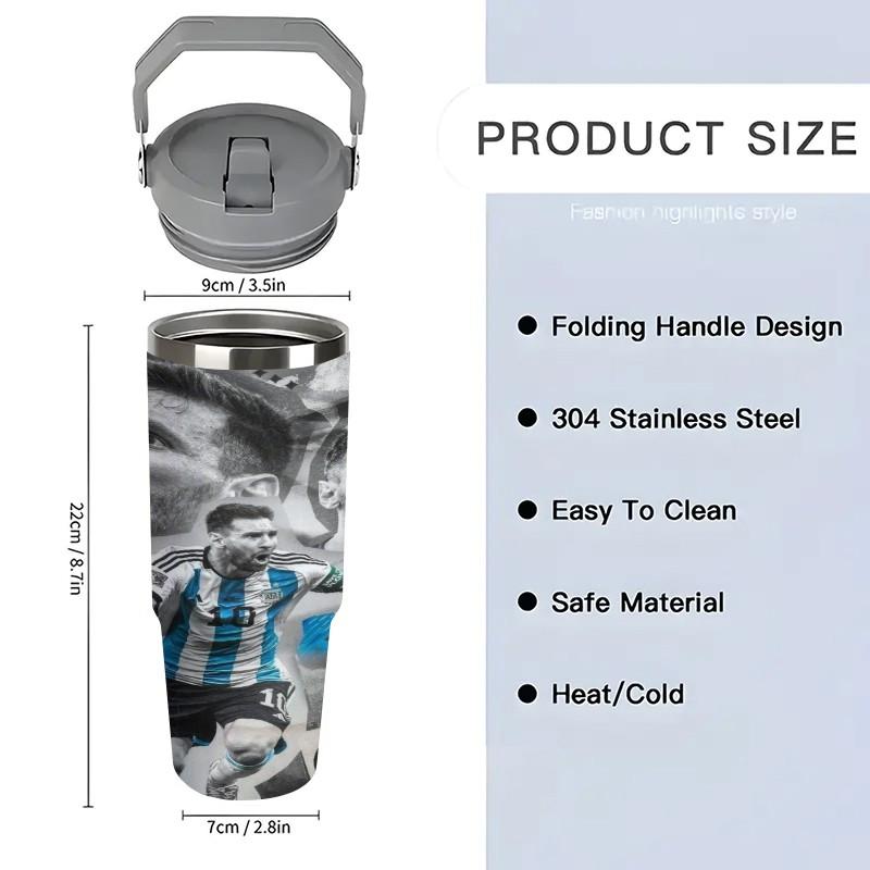 1pc 30oz Messi Argentina national team stainless steel insulated cup - blue and white stripes - 10 size with full printing - portable handle - large capacity sports water cup - suitable as a gift for sports fans