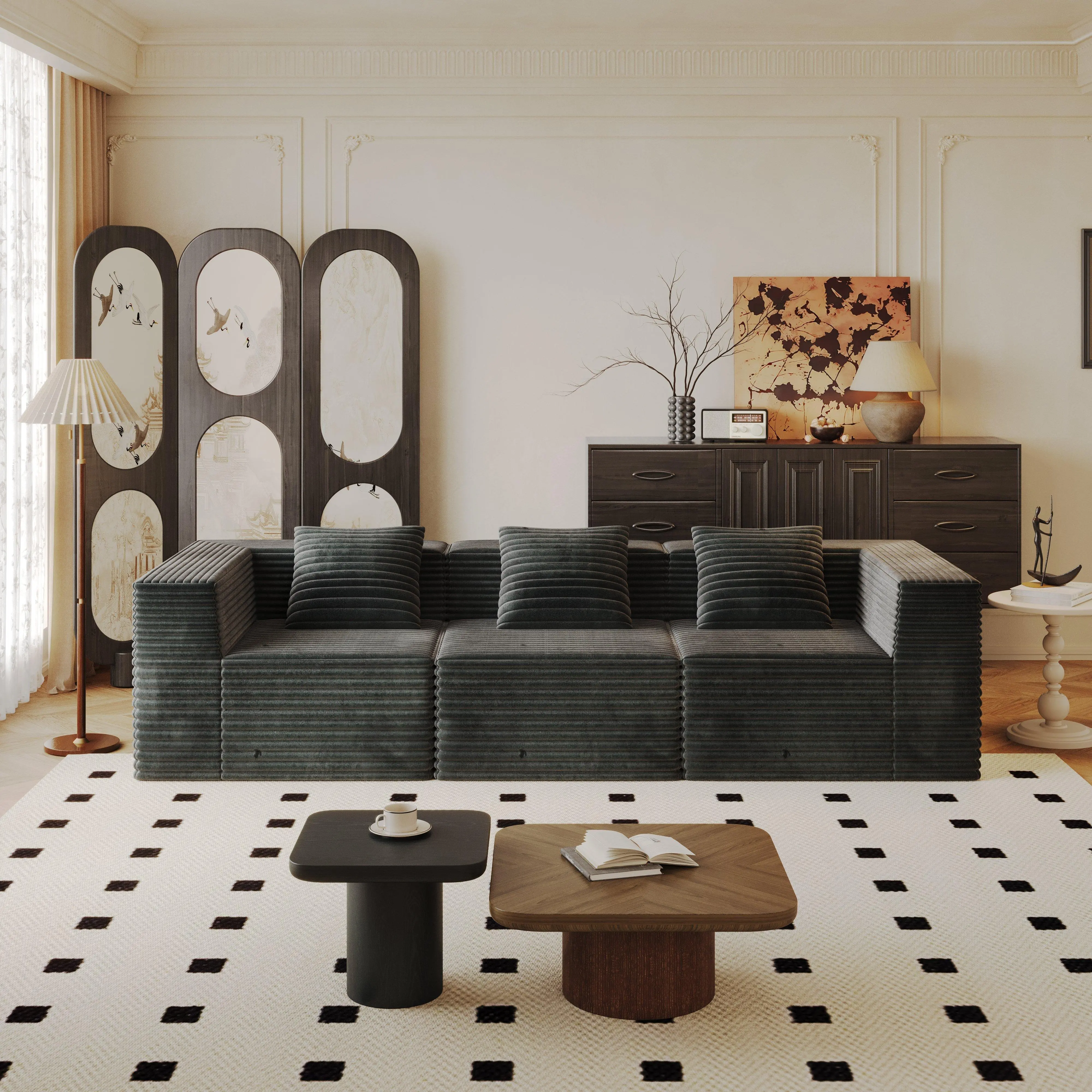 Gray 3-Seat Modular Sectional Couch with Corduroy Upholstery and Square Arms, No Assembly Required, for Living Room, Apartment, or Bedroom