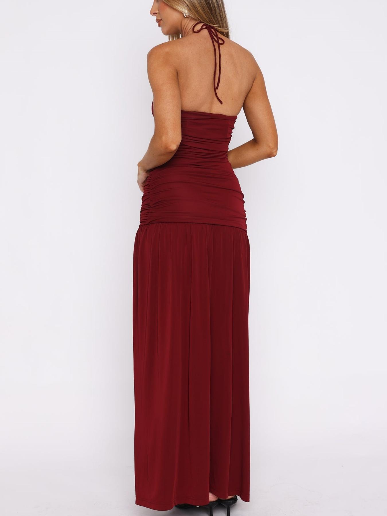 wine red backless maxi dress Fringe Cape Open Back Satin Maxi Dress - Wine Red main image 1