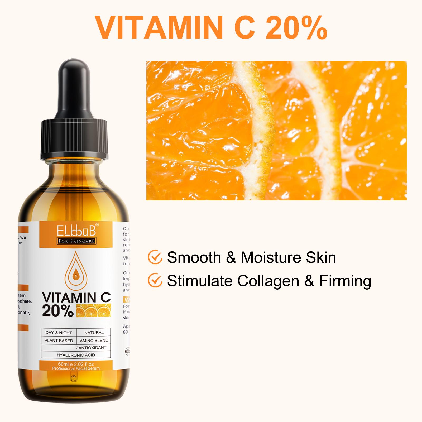 Elbbub Vitamin C Facial Serum 60ML, Stable VC Derivative, Inhibits Melanin, Brightens Skin, Reduces Acne Marks, Gentle Whitening, Non-Irritating