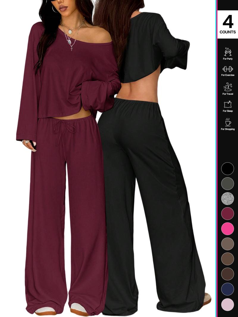 2026Women's Two-Piece Set, Long Sleeve Casual, Breathable Elastic Waist Pants, All-Season Basic Sleepwear, Comfortable Loungewear