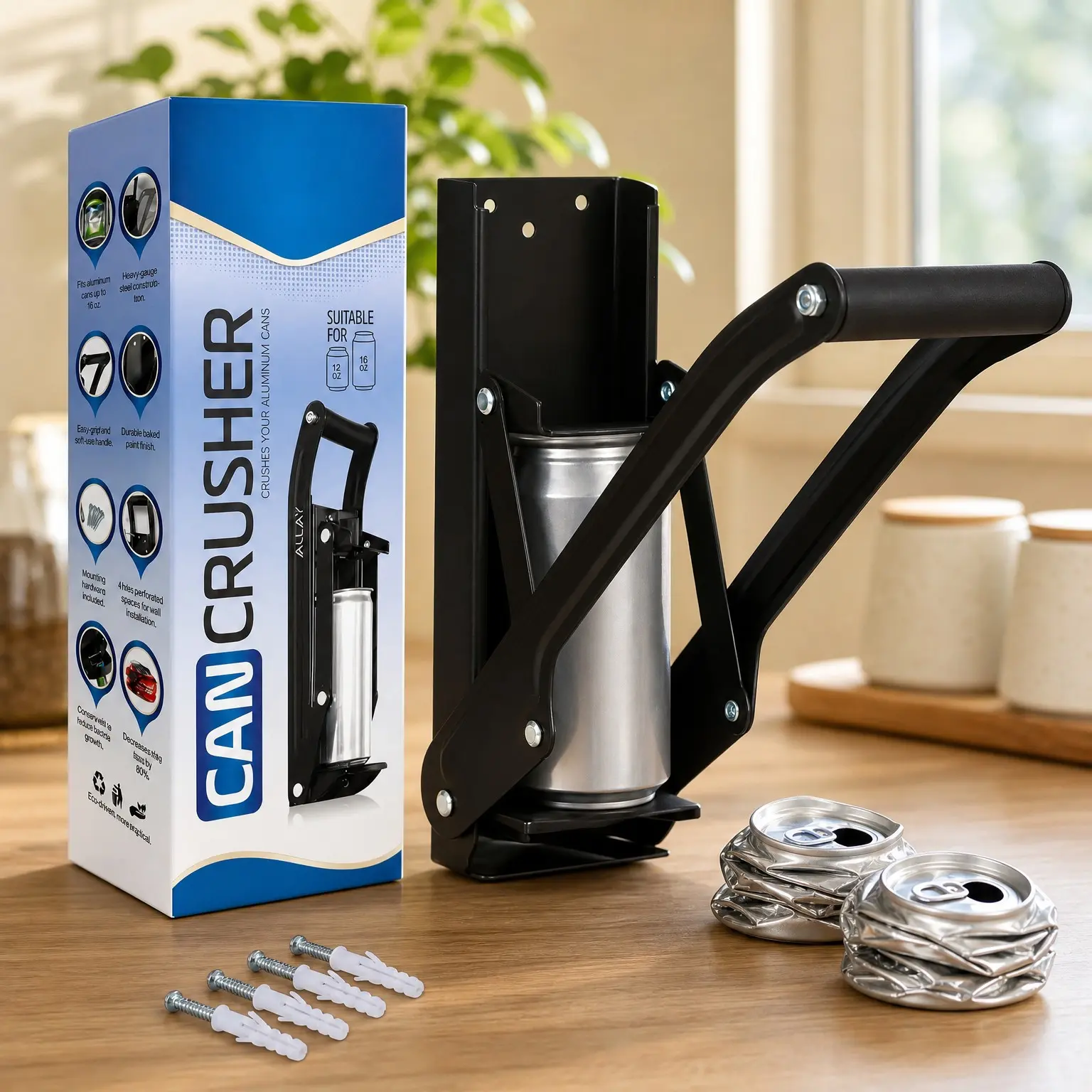 16oz Heavy Duty Wall Mounted Can Crusher with Built-In Bottle Opener – Aluminum Can Crusher for Recycling Beer and Soda Cans, Easy Installation for Home Use, BlackGift
