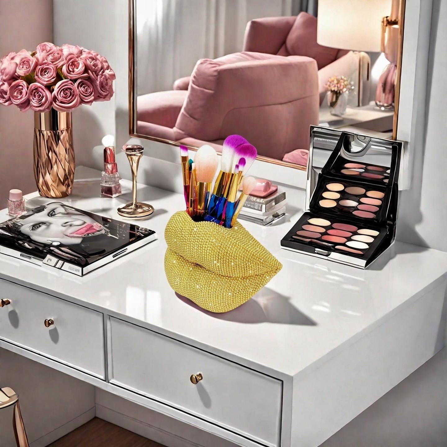 Sexy Lip Statue Ornament, Shimmering Storage Decor, Luxury Makeup Brush Holder, Ideal for Vanity, Bathroom, Christmas Gift