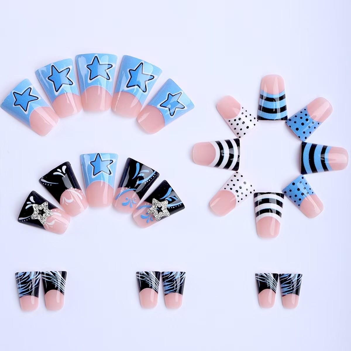 24pcs Duckbill Nail Art Stickers, Spring Summer Fall Colorblock 3D Metal Star Stripe Design, High-Quality Wearable Nails