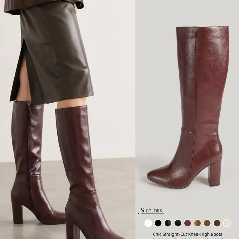 Women's Elegant Pointed‑Toe Knee‑High Heeled Boots, Smooth Side Zipper for Easy On and Off, Comfortable Chunky Block Heel, Classic Versatile Tall Boots for Fall & Winter