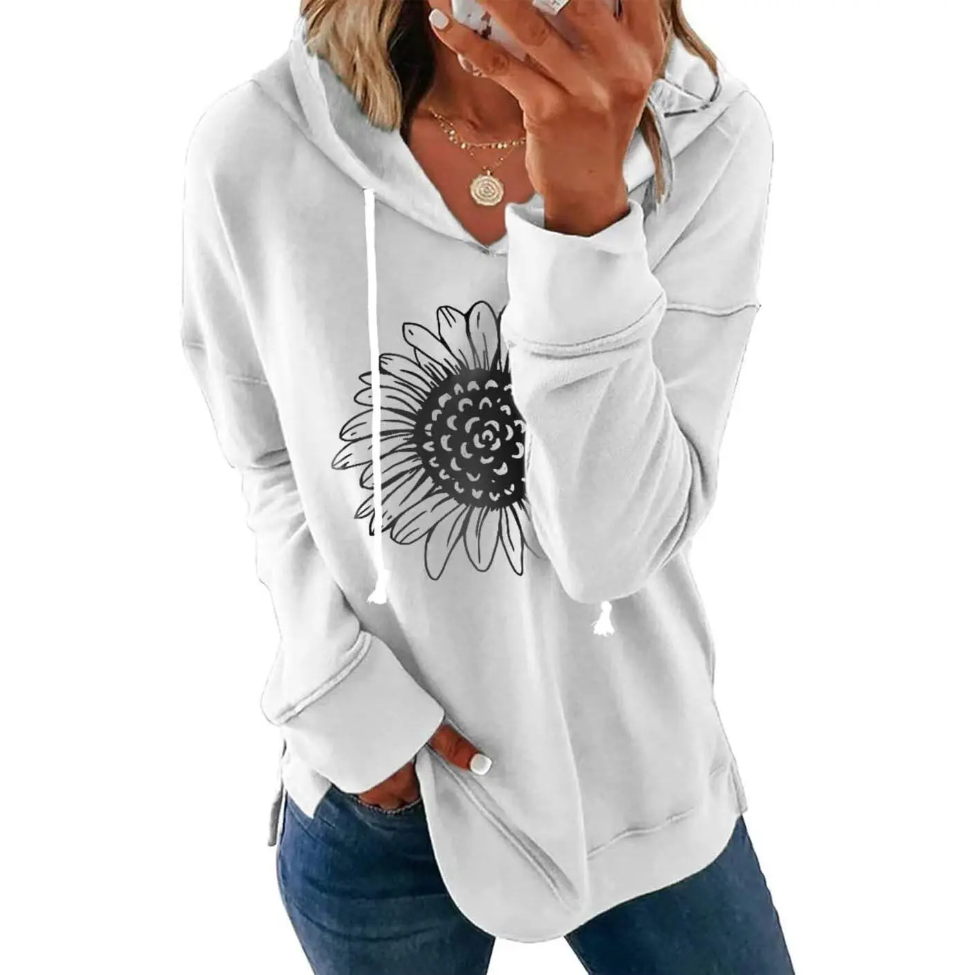 Women's Sunflower Graphic Hoodie Long Sleeve Drawstring Pullover Sweatshirt Loose Fit Tunic Top(Gift)