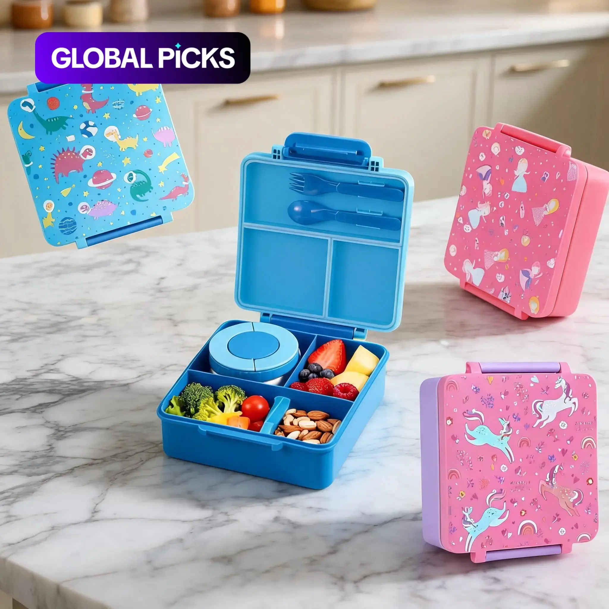 Cartoon Pattern Kids Bento Box with Stainless Steel Soup Container, Microwave Safe, Portable Square Food Storage Lunch Boxes for Lunches and Travel