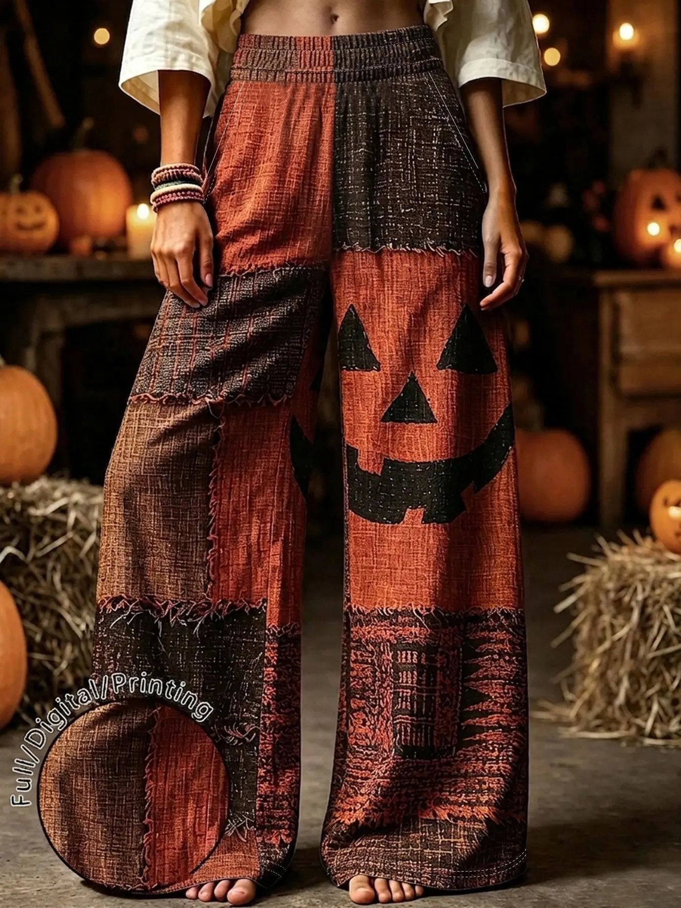 Women's Halloween Pumpkin Face Print Wide Leg Pants, Vintage Patchwork Frayed Edge Elastic Waist Loose Fit Casual Trousers