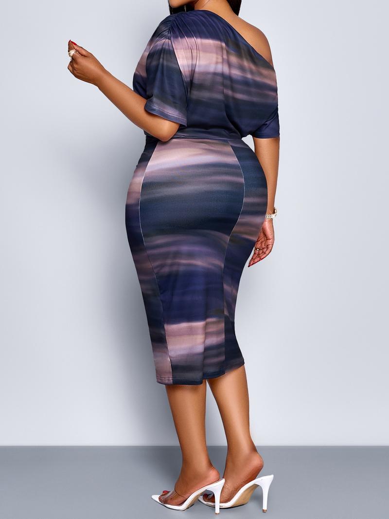 Women's Elegant Tie-Dye Gradient Bodycon Dress, Asymmetrical Neckline High Waist Split Back Long Party Dress, Plus Size Fashion