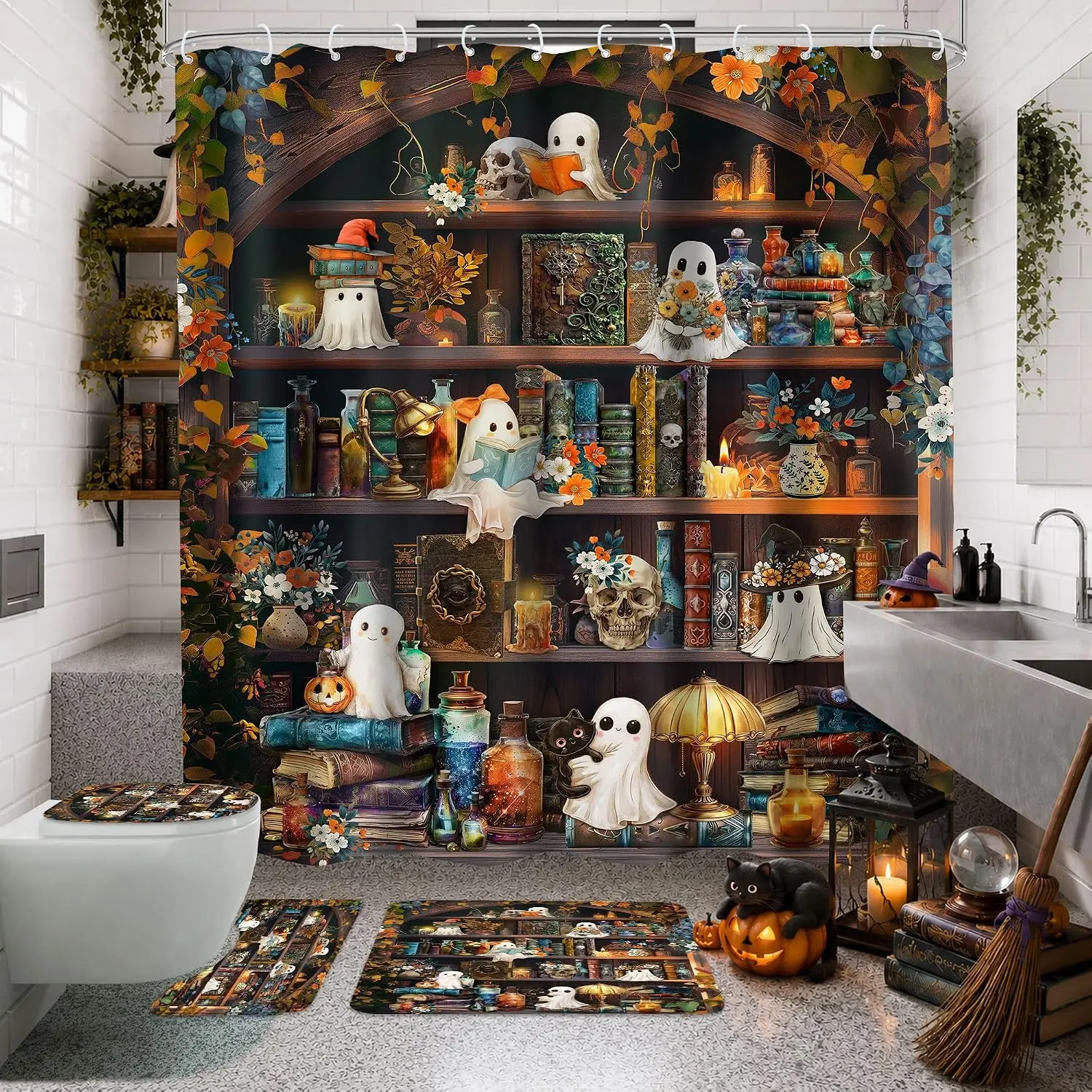 4PCS Gothic Waterproof Polyester Shower Curtain Set - Bathroom Supplies with Hanging Bath Mat, Toilet Cover, Cute Ghost & Magic Library Designs, Spooky Witchcore Style, Ideal Gothic Gift & Decoration