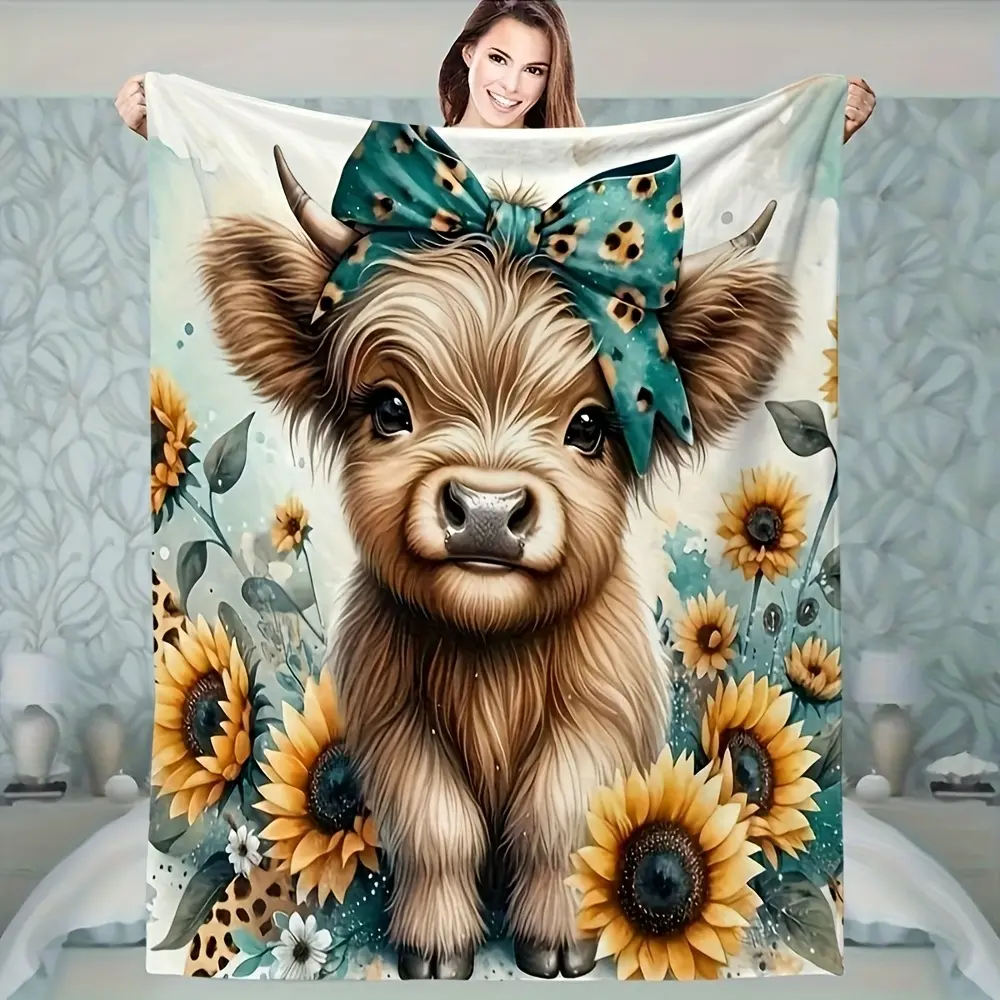 Glam Look Highland Cow Flannel Throw Blanket with Leopard Bow & Sunflower - Soft, Warm, Lightweight Polyester Fiber Blanket for Home & Travel, Indoor Use, Multi-Size Room Decoration Gift for Friends