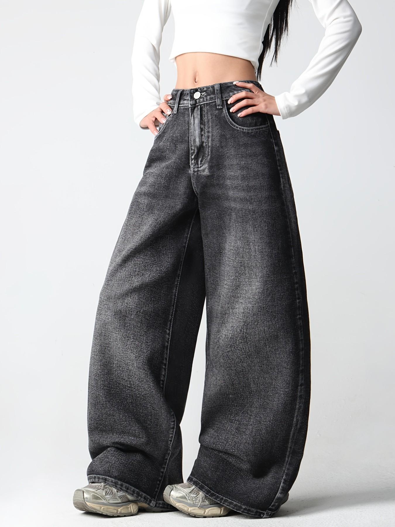 Vintage Creative Wing Embroidery Women's High Waist Baggy Denim Jeans, Casual Jeans Pants, Fashionable Trendy Streetwear Versatile Slimming Wide Leg Long Pants