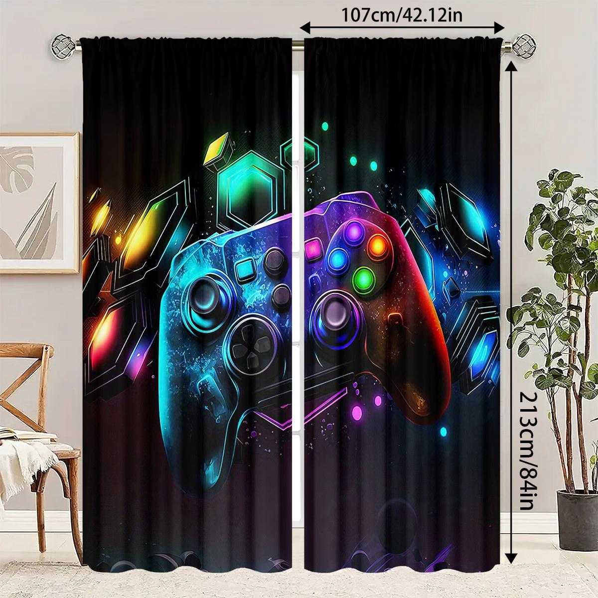 2 Piece Background Color Game Controller Print Curtains, Semi-Transparent Polyester Fiber, Rod Pocket Design