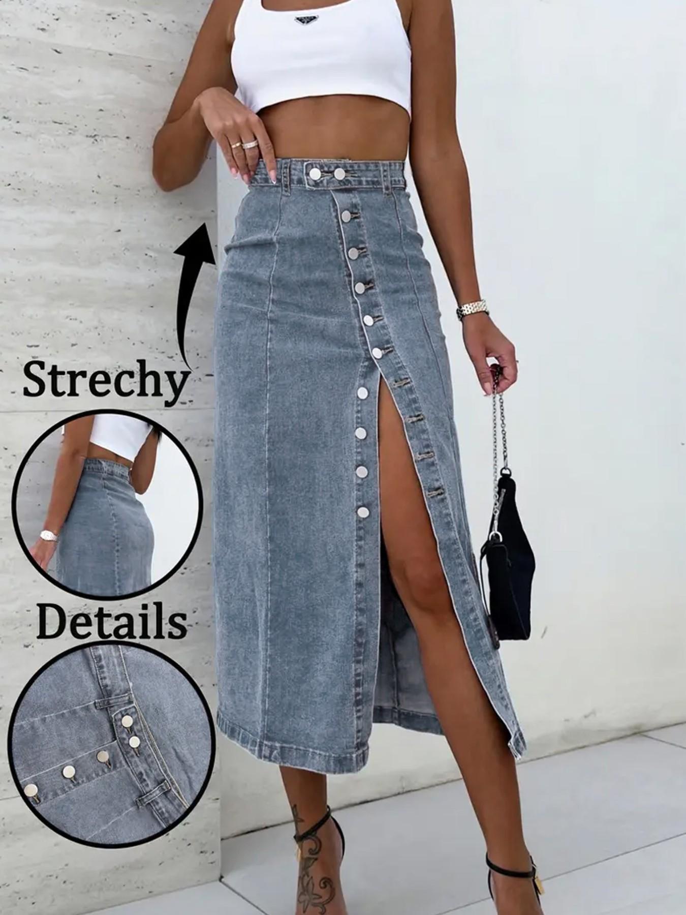 Elastic Washed Casual Fitted Button Fly Denim Midi Skirt for Women, All Seasons Wearable, Perfect for Dating and Daily