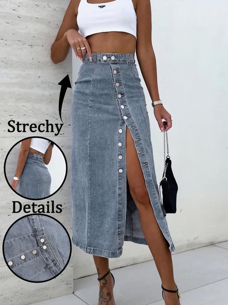 Elastic Washed Casual Button Fly Denim Midi Skirt for Women, All Seasons Wearable, Perfect for Dating and Daily