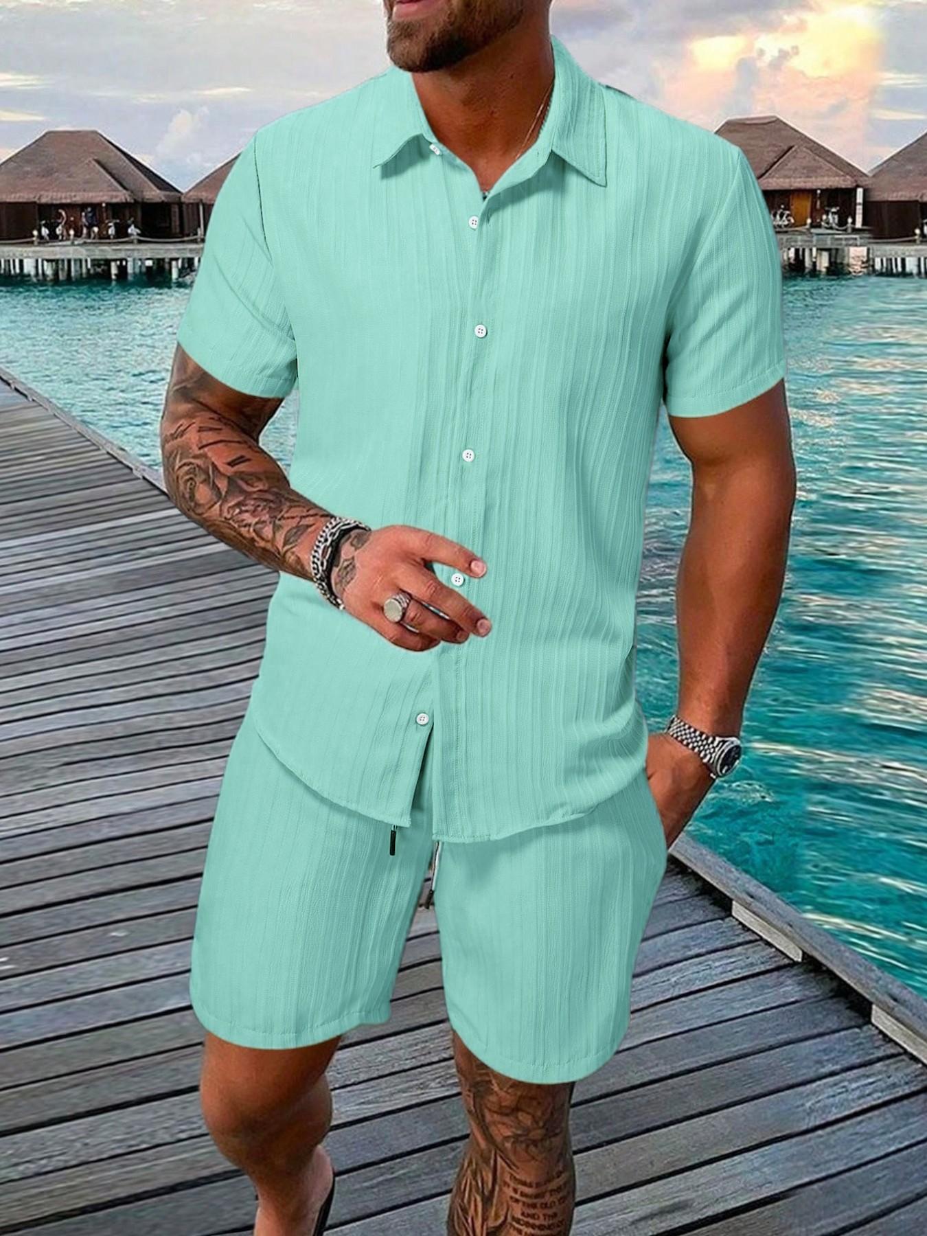 Two-Piece Set Men's Regular Fit Solid Textured Breathable Short Sleeve Shirt & Shorts, Casual Summer Set for Men, Mens Clothes for Beach Vacation