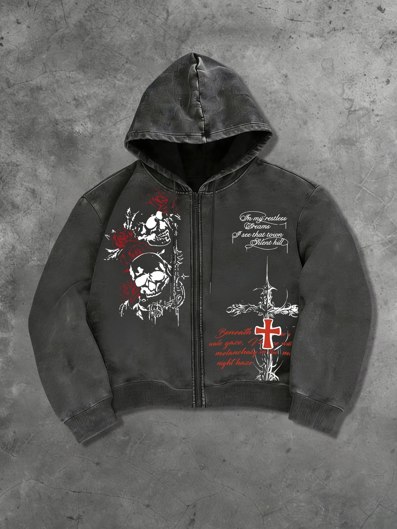 【STONE】Thorn cross sweat shirt Men's Y2K Dark Aesthetic Saint Thorn Cross Zip Graphic Print
