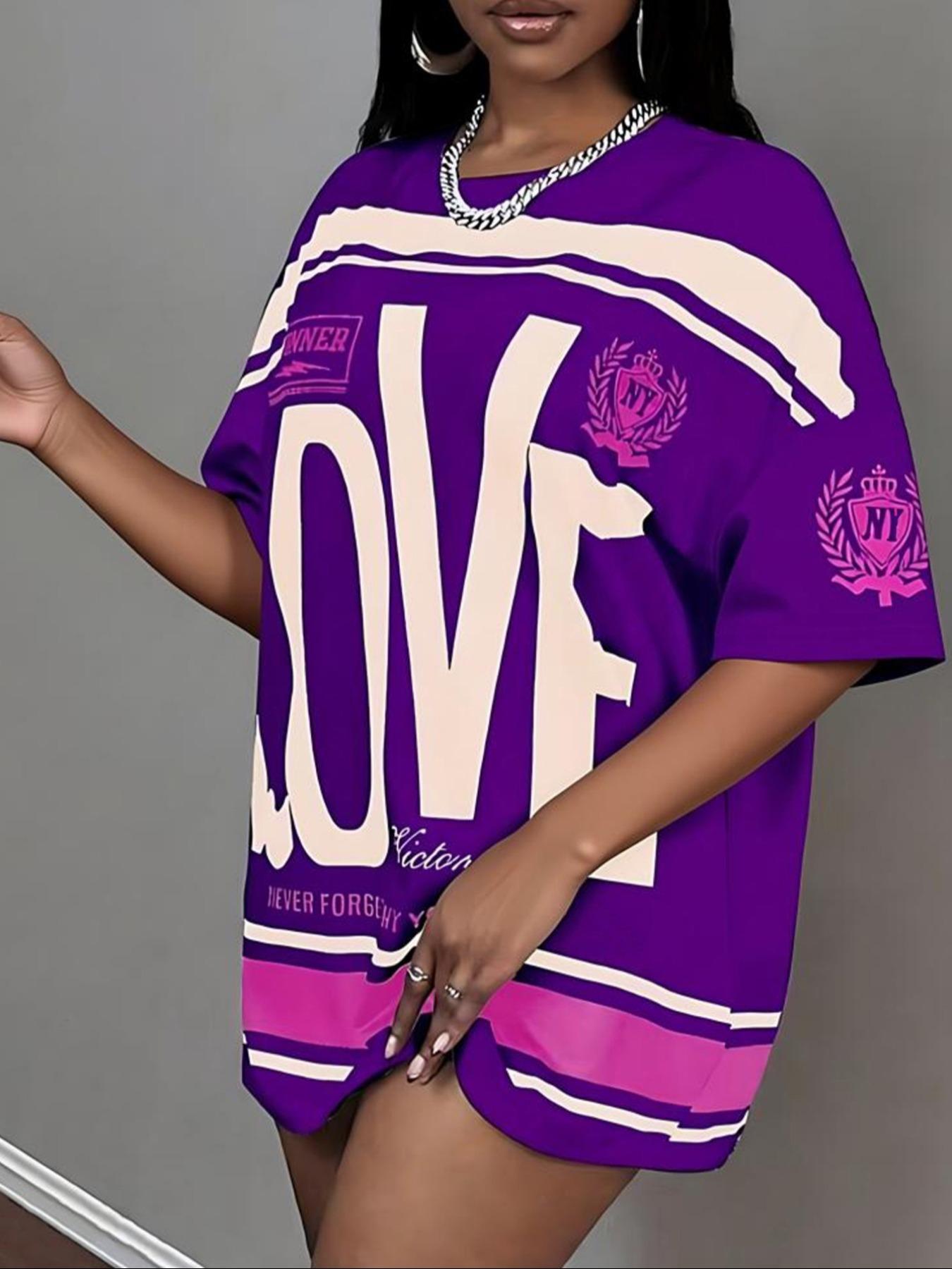 Plus Size Women's Street Style Colorblock Short Sleeve Top, Love Letter Print with Text and Striped Elements, Loose Fit, Comfortable Fabric