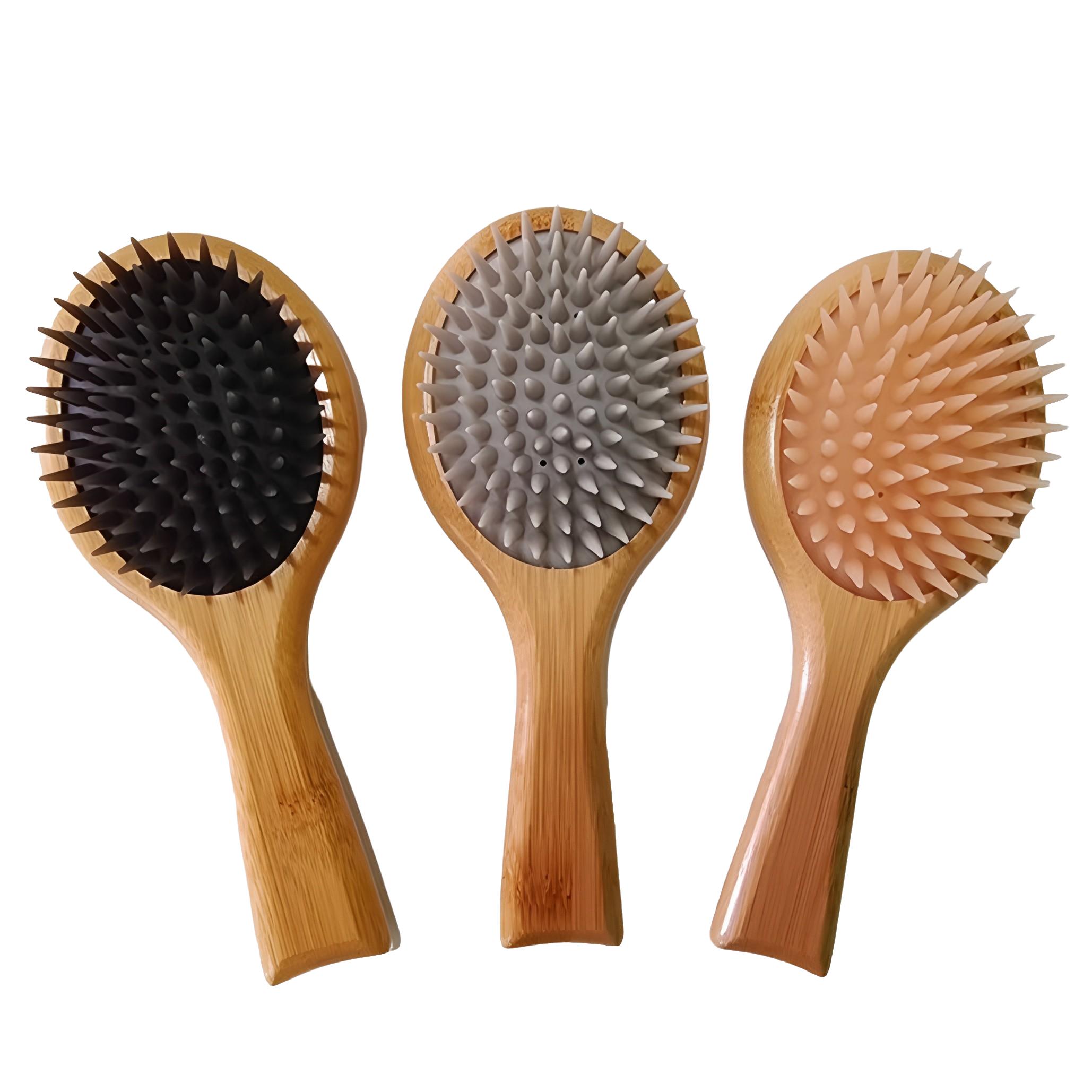Silicone Massage Comb Bamboo Handle Scalp Massager Brush, Relaxing Meridian Stimulation, Hair Care Tool for Stress Relief
