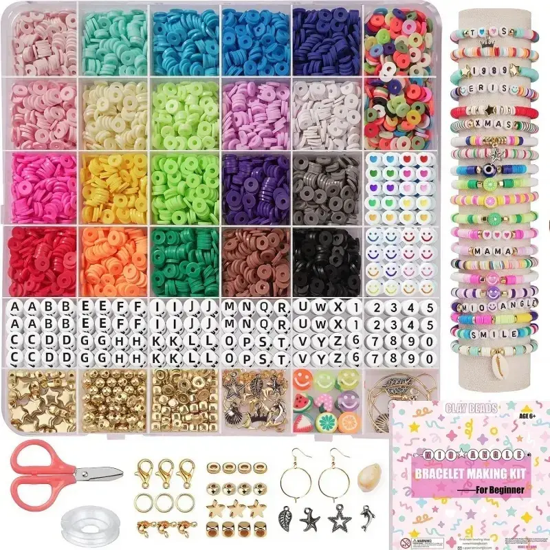 5000Pcs Preppy Polymer Clay Beads & Charms Jewelry Craft Kit for Beginners - Waterproof, Lightweight, Stretchy String, Smiley Faces, Stretchy Angle Bracelet DIY Supplies, Water Polo Companion, Birthday Gift for Ages 4+