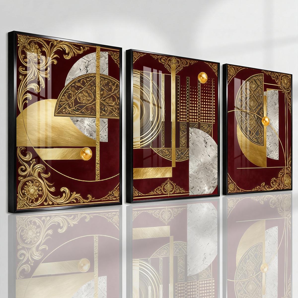 3 Counts Aluminum Alloy Framed Painting, Abstract Geometric Gold And Burgundy Art, Home Decoration For Living Room, Bedroom, Office, Restaurant, Hallway Wall Decor, Odorless Print Artwork, Luxury Perfect Gift For Friends And Family