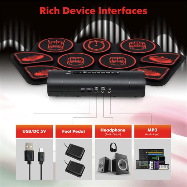 9-Pad Electric Drum Set for Beginners, MIDI USB Connection Dual Stereo Speakers Black+Red