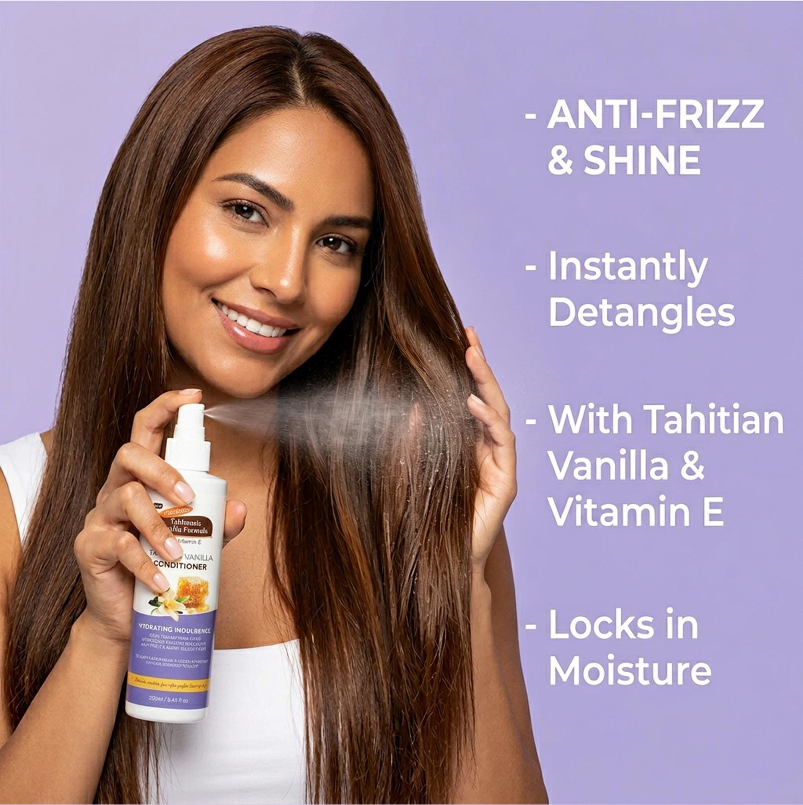 Tahitian Vanilla Hair Mist Infused Honey & Vitamin E Hydrating Anti-Dandruff Conditioning Heat Protectant Spray, Smooth Frizzy Hair Long Lasting Moisture Leave-In Hair Care For Dry Damaged Hair Daily Travel Liquid Haircare Formula