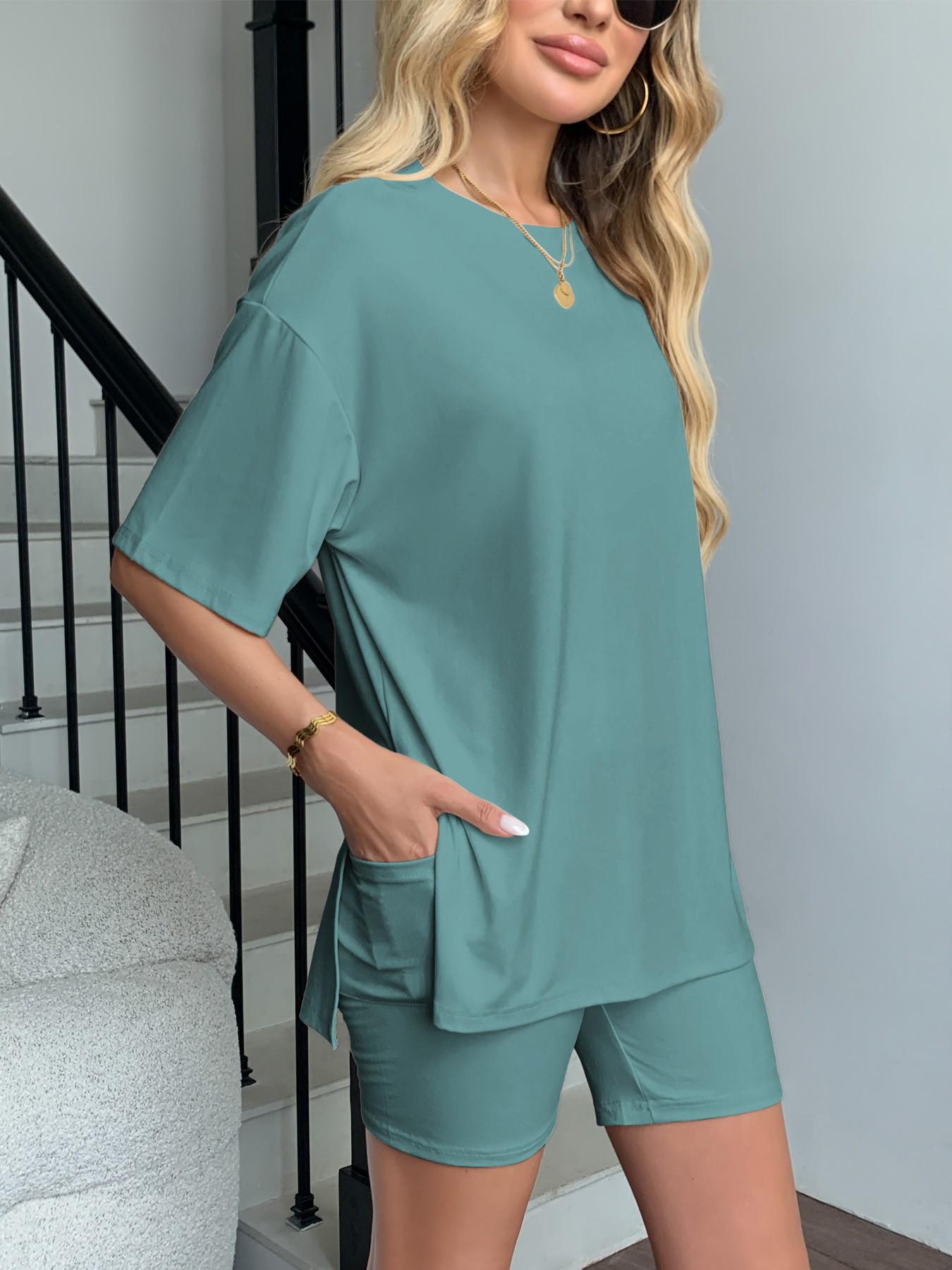 Women's Two Piece Lounge Set Matching, 2026 Summer Casual Basic Oversized Shirts & Biker Shorts, Fitted Plain Design, Perfect for Airport Travel Womenswear Clothes