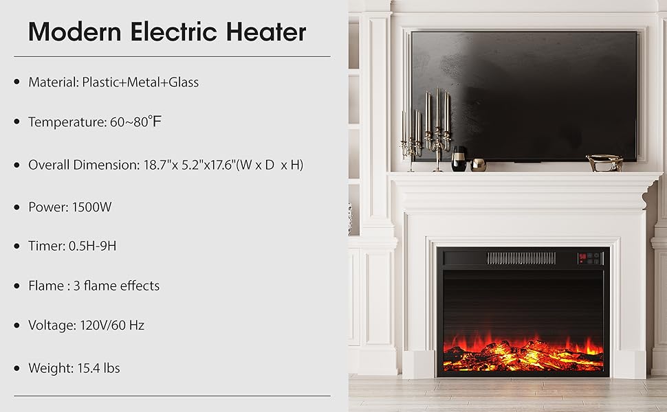 Vabches Electric Fireplace Insert, Recessed Fireplace Heater with Low Noise, Remote Control with Timer, Touch Screen, Adjustable Flame Brightness