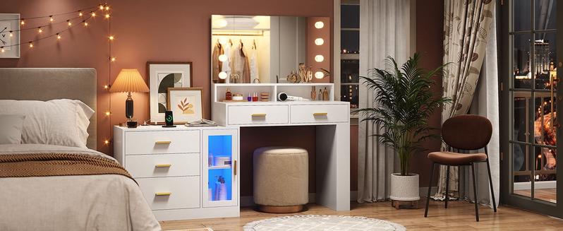 Sikaic LED Makeup Vanity Dresser With Mirror And Charging Station & 5 Drawers Cabinet Storage Furniture Bedroom Aesthetic Modern