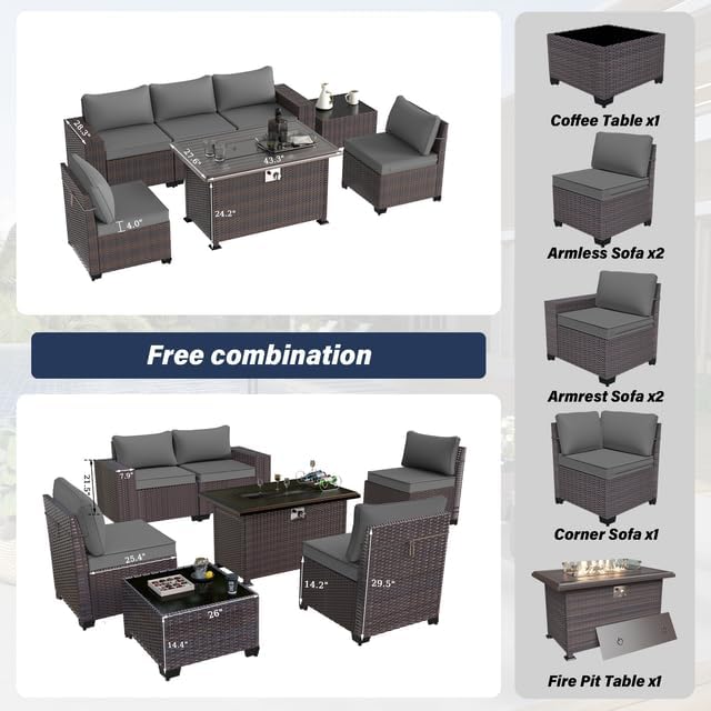 Patio Furniture 6 Pieces Set with Propane Fire Pit Table Outdoor Patio Furniture Outdoor Sectional Sofa 43" Gas Fire with transparent glass cover Pit Patio Conversation Set with Cushions