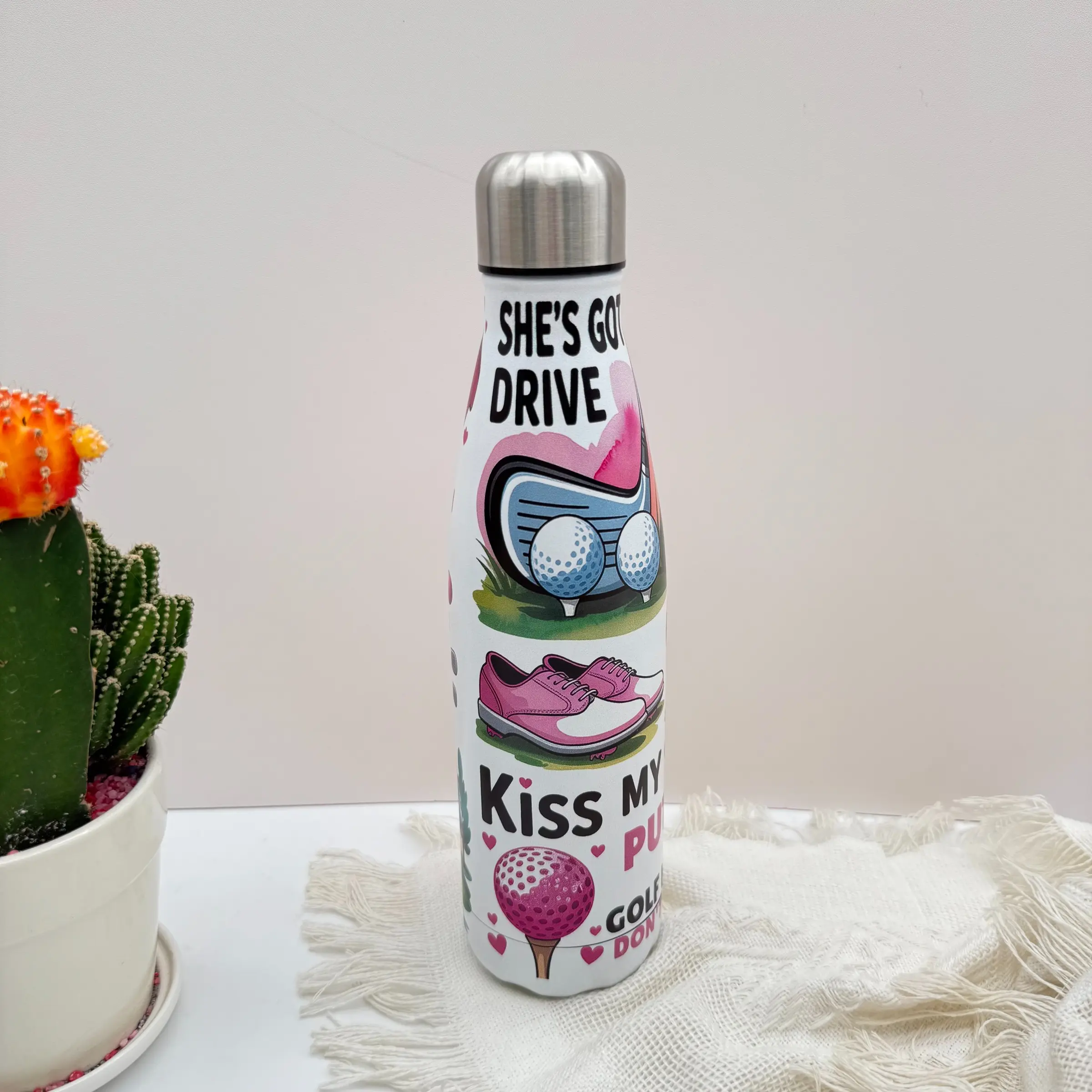 1pc/17oz/500ml/Double Wall Vacuum Stainless Steel Insulated Water Bottle,Travel Mug For Sports Indoors & Outdoors,Pink Accented Golf Themed Graphics With Playful Phrases, Ideal For Festive Gifting ,Ideal Gift For Family And Friends,Colleagues