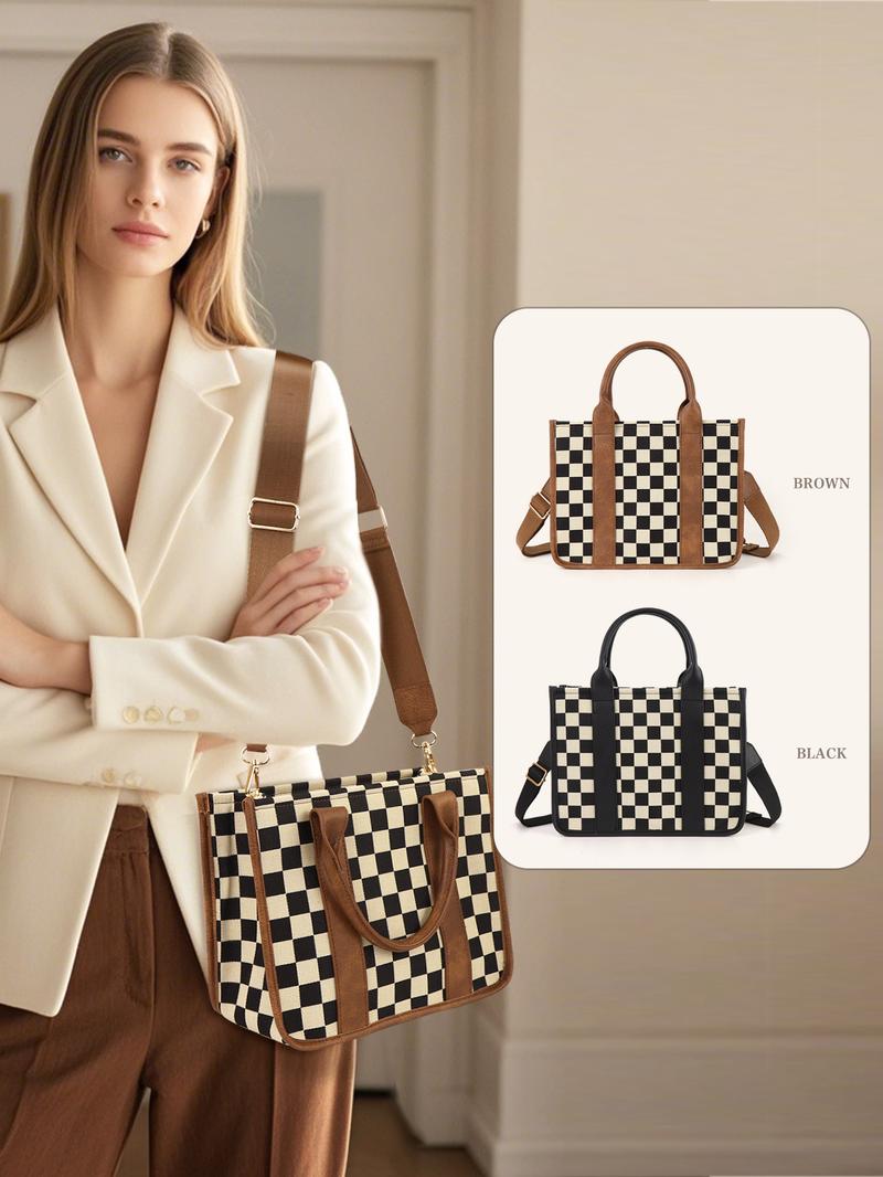 Checkerboard Pattern Tote Bag, Fashionable Canvas Classic Shoulder Bag for Women, Casual Trendy Versatile High-quality Daily Commuting Bag, Girl Fashionable Shopping Bag