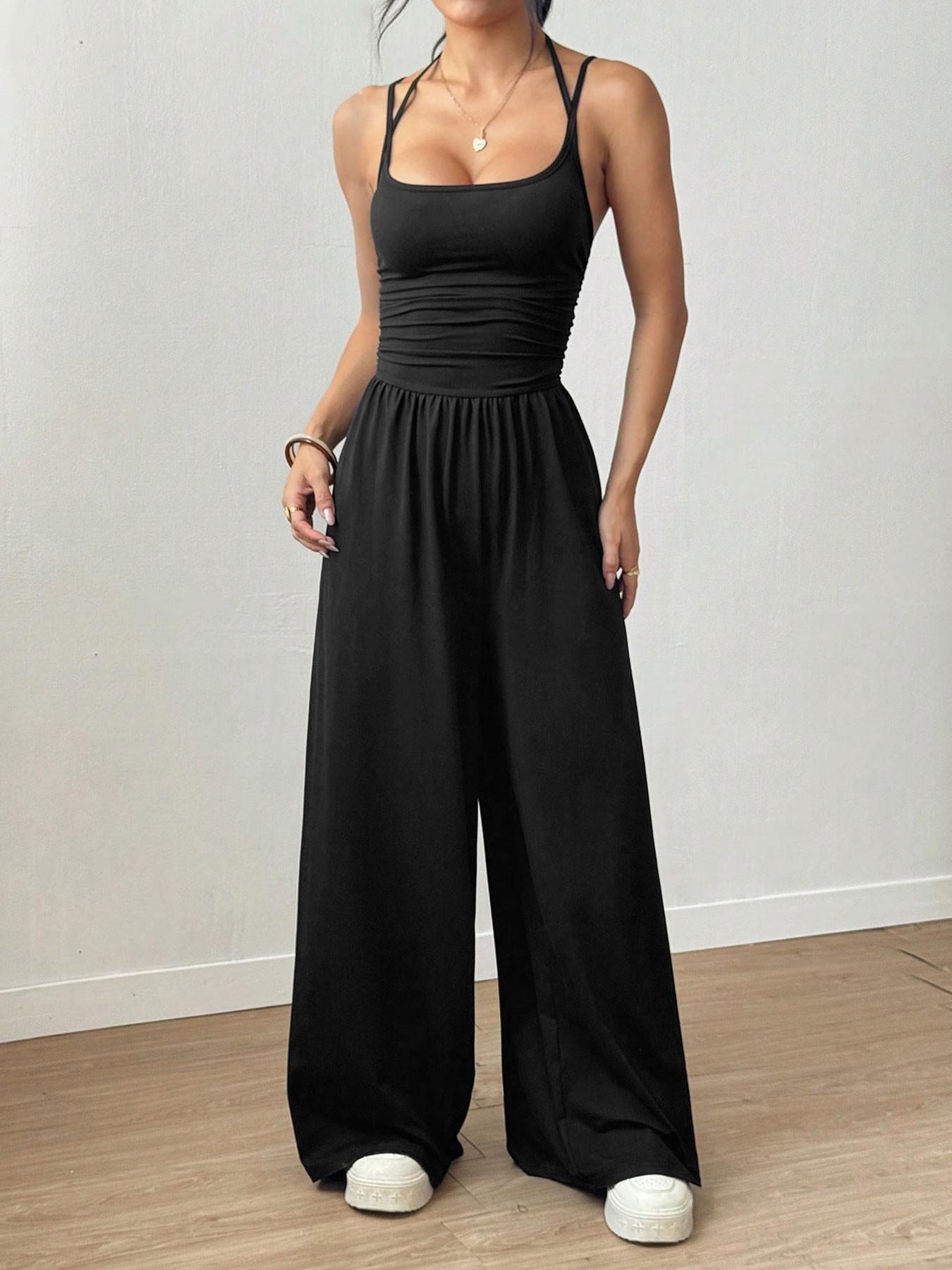 Lightweight Casual Everyday Jumpsuit, Slim Ruched Top & Wide Leg Bottom, Dual Purpose Sleepwear & Outerwear, Loose-Fitting Plain Basic Style, Minimalist, Casual Summer Jumpsuits