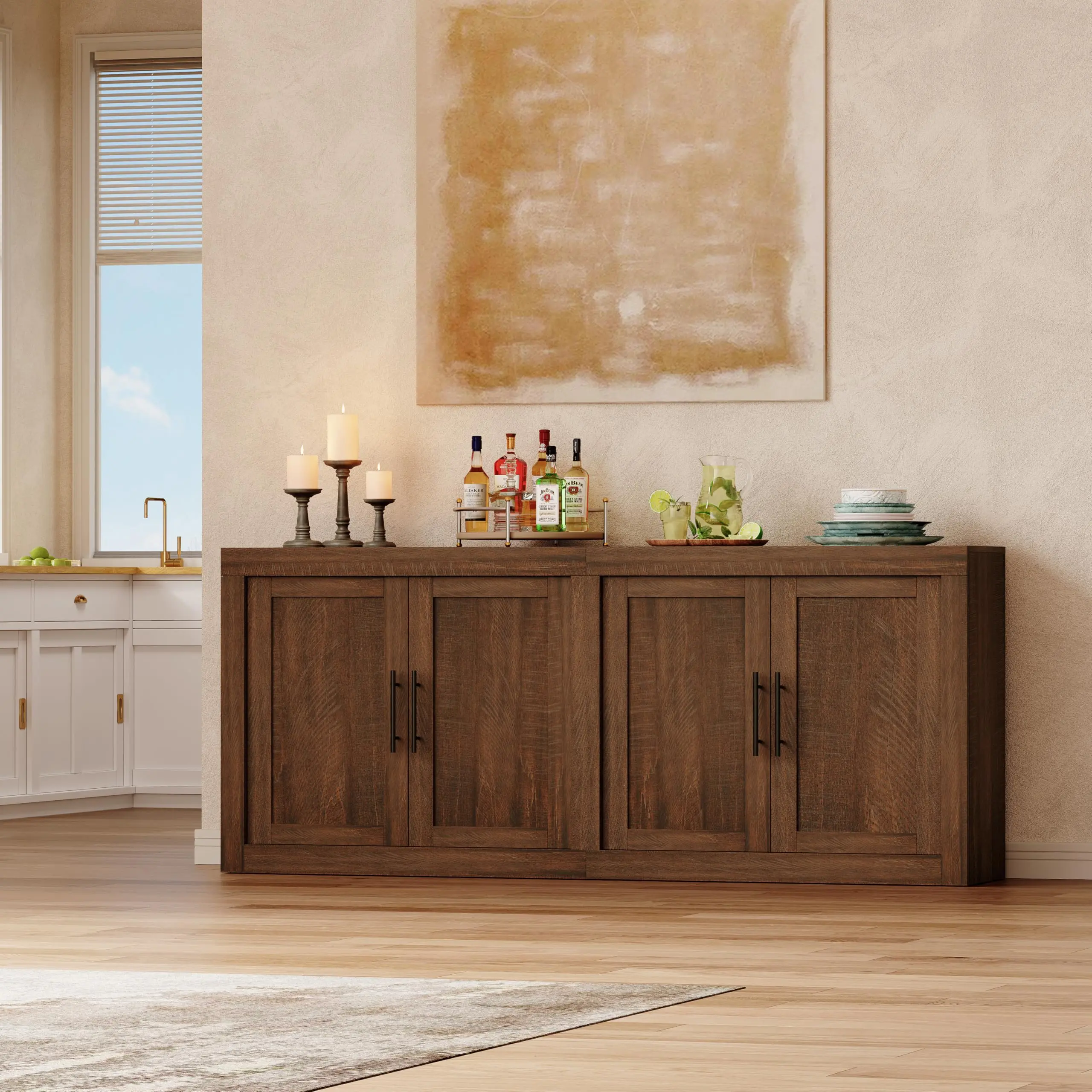 Modern Farmhouse Buffet Sideboard Cabinet –  Maroon Storage Credenza with Glass Doors – Ideal for Dining Room, Kitchen, Living Room, or Entryway