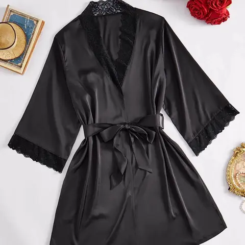 Women's Contrast Lace Belted Robe, Gowns, Solid Color Long Sleeve V Neck Lounge Robe, Casual Comfy Sleepwear Loungewear for Women, Soft Bathrobe Sleepwear