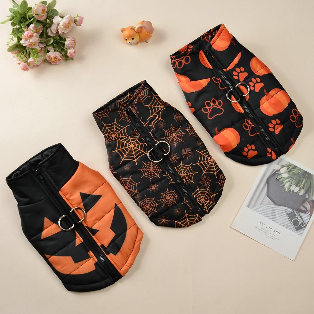 Autumn Winter Pet Halloween Cotton Vest, Pumpkin Paw Print Spider Web Waterproof Jacket, Zipper Comfortable Dog Coat, Dachshund Clothes