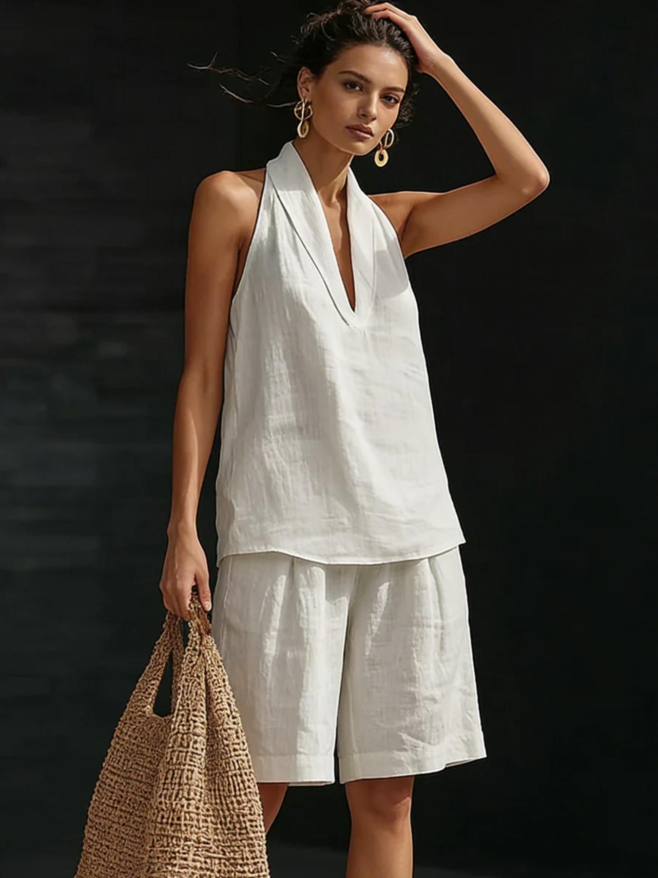 2026 New Arrival Women's Halter V Neck Sleeveless Casual Shorts Set, European & American Style, Trendy Summer