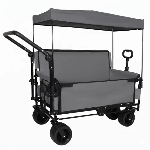 3-in-1 Heavy Duty Folding Wagon Cart with Bench Seat & Removable Canopy, 180L 500LBS All-Terrain Collapsible Utility Wagon for Camping Beach Garden