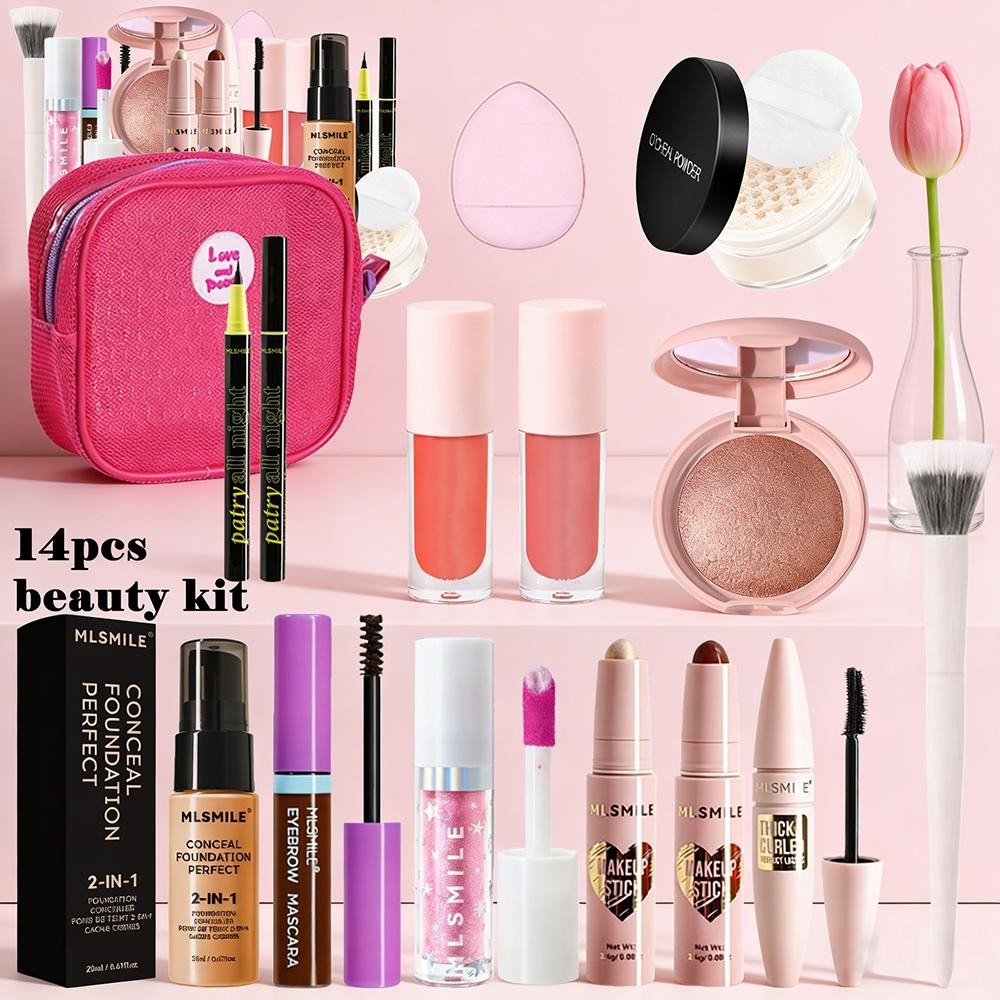 Pride Month Beauty Set, 14-Piece Makeup Kit with Blush Liquid Highlighter Powder Foundation Eyebrow Gel, Rainbow Gift for Women